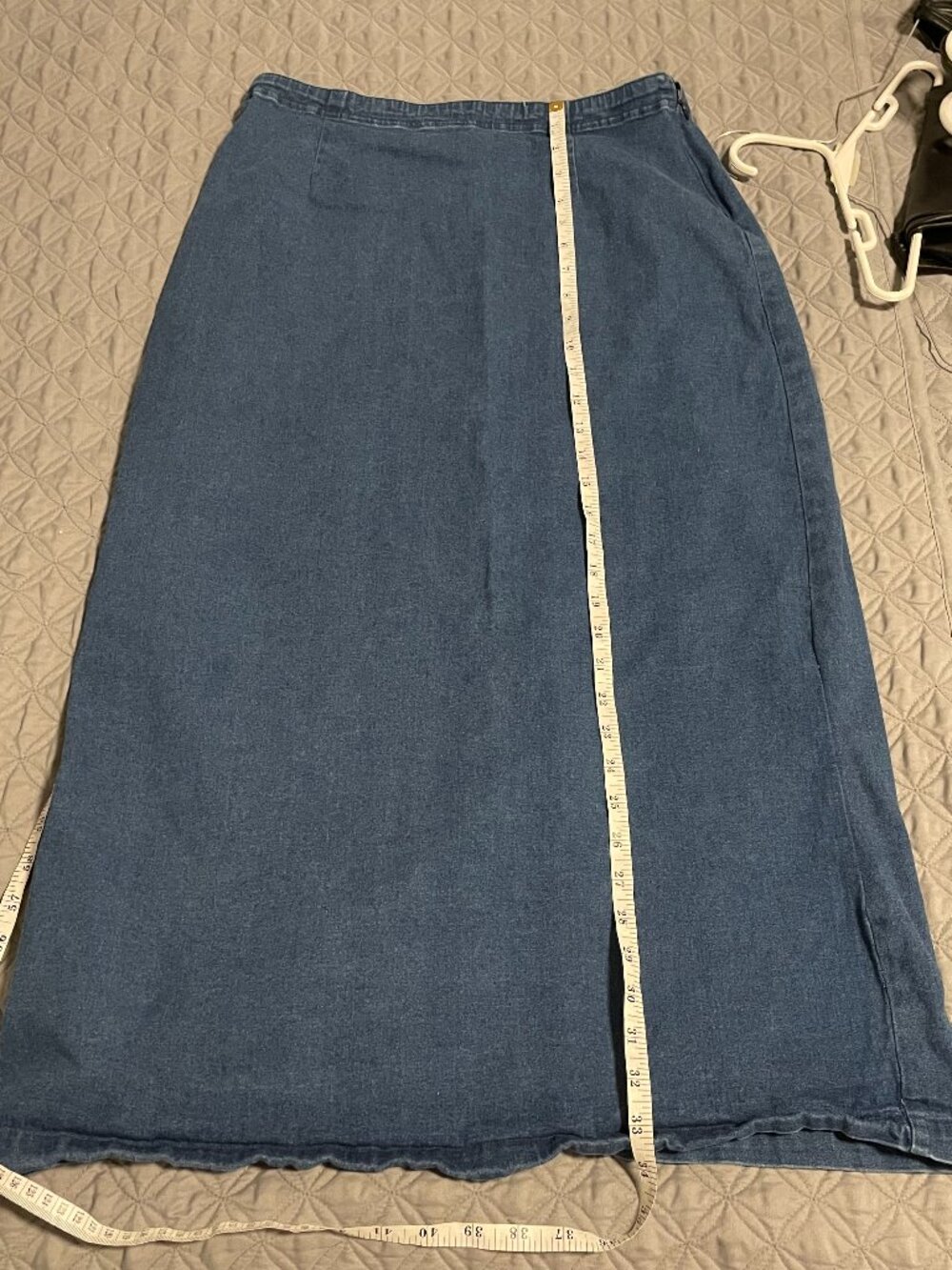 medium-wash blue denim maxi skirt